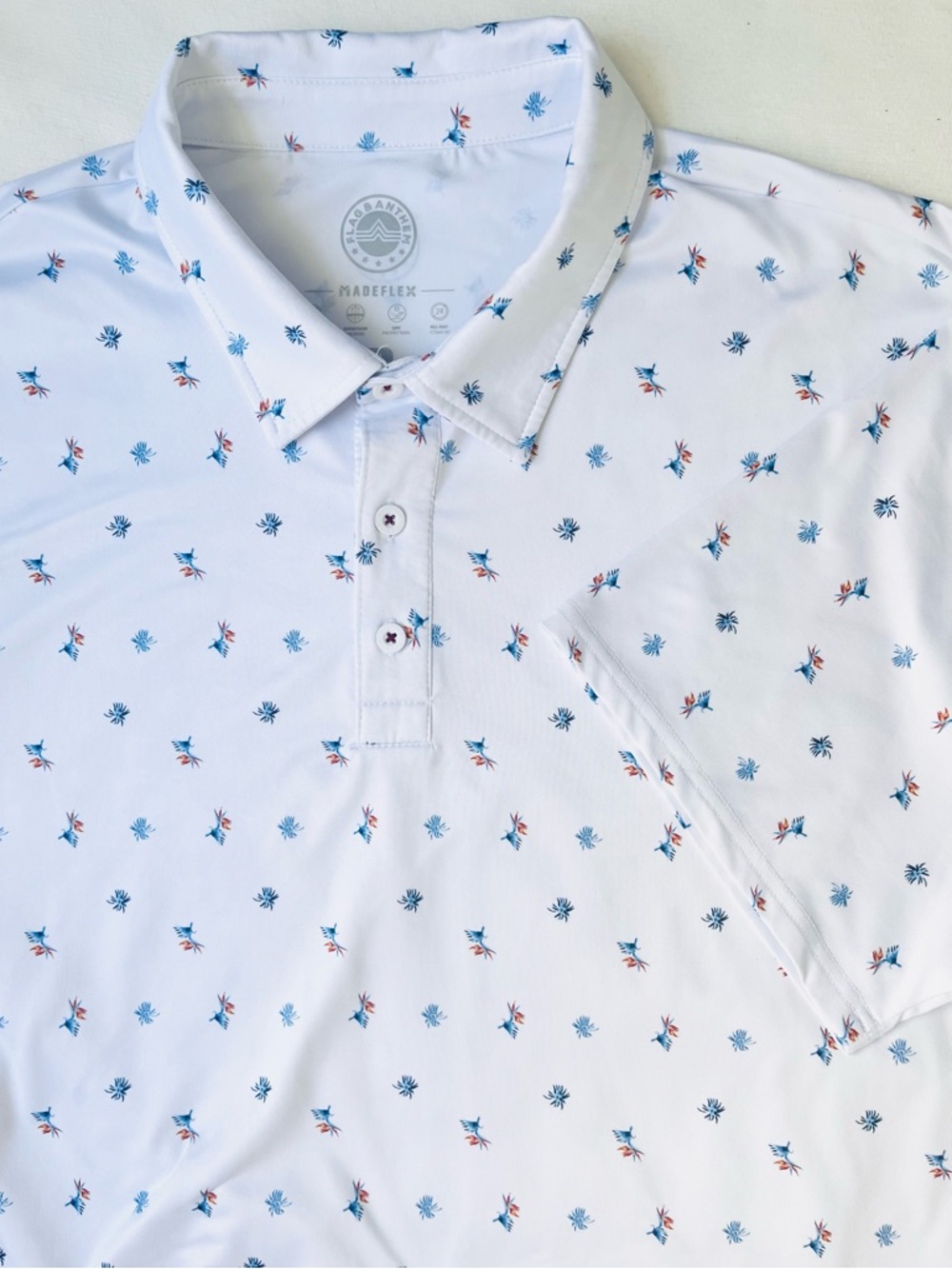 Flag and Anthem Madeflex performance White Men's Polo Shirt Blue Floral Print XL